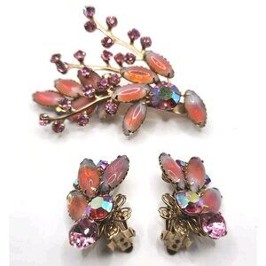 Vintage Brooch Earring Set Givre Pink AB Possibly Judy Lee?